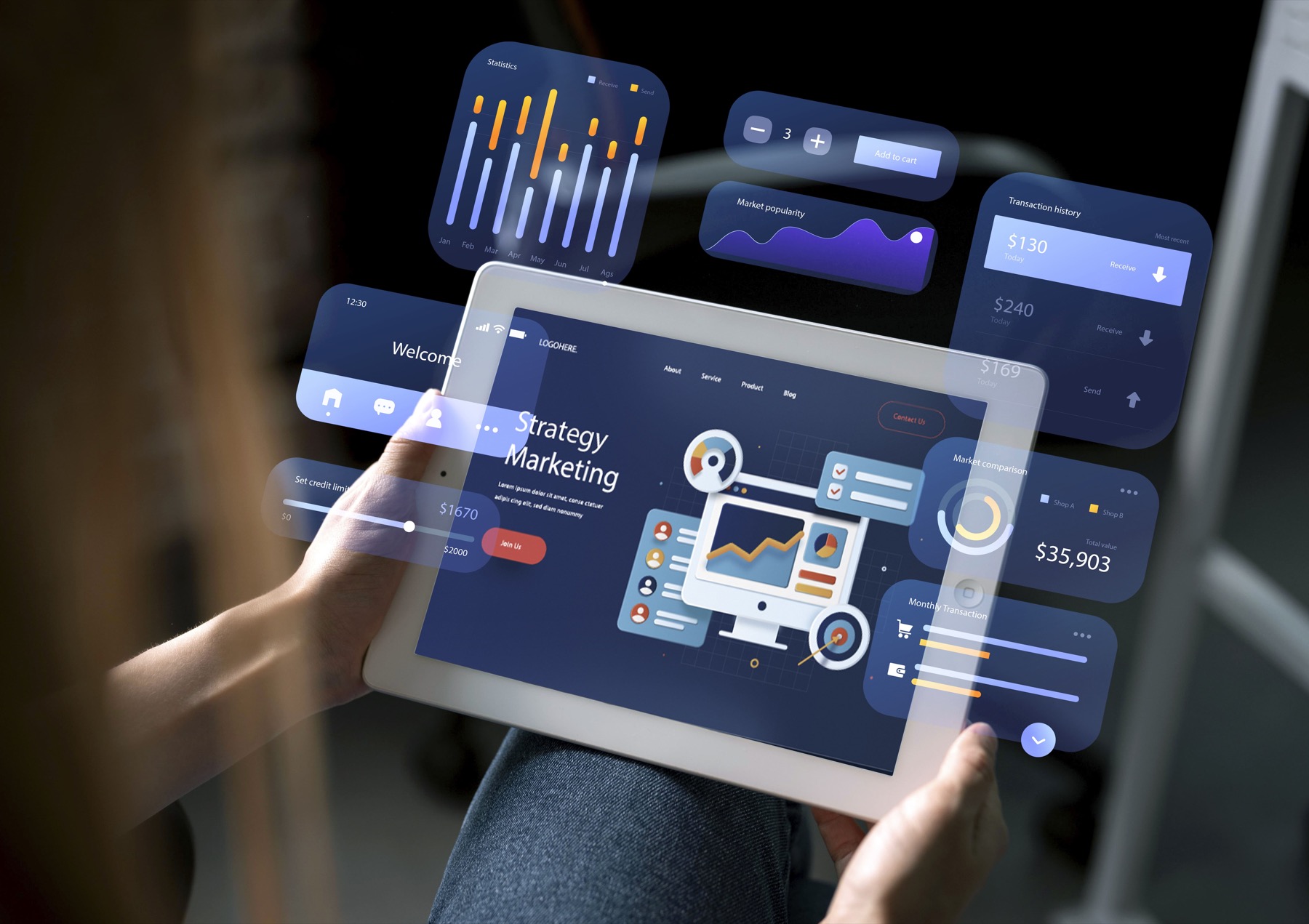 Financial operations dashboard and invoicing visual on a tablet device