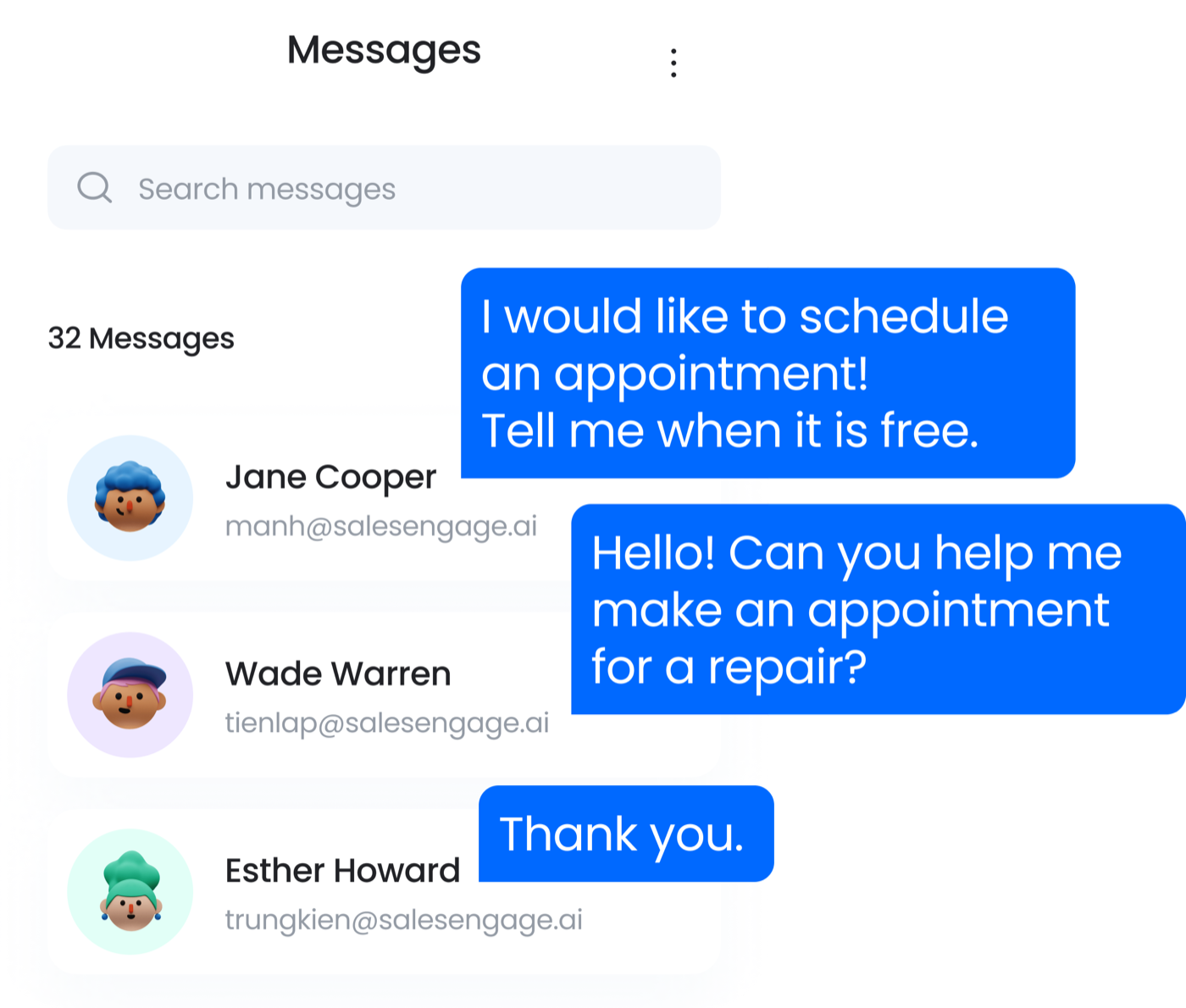Sales Engage social inbox preview showing active incoming conversations